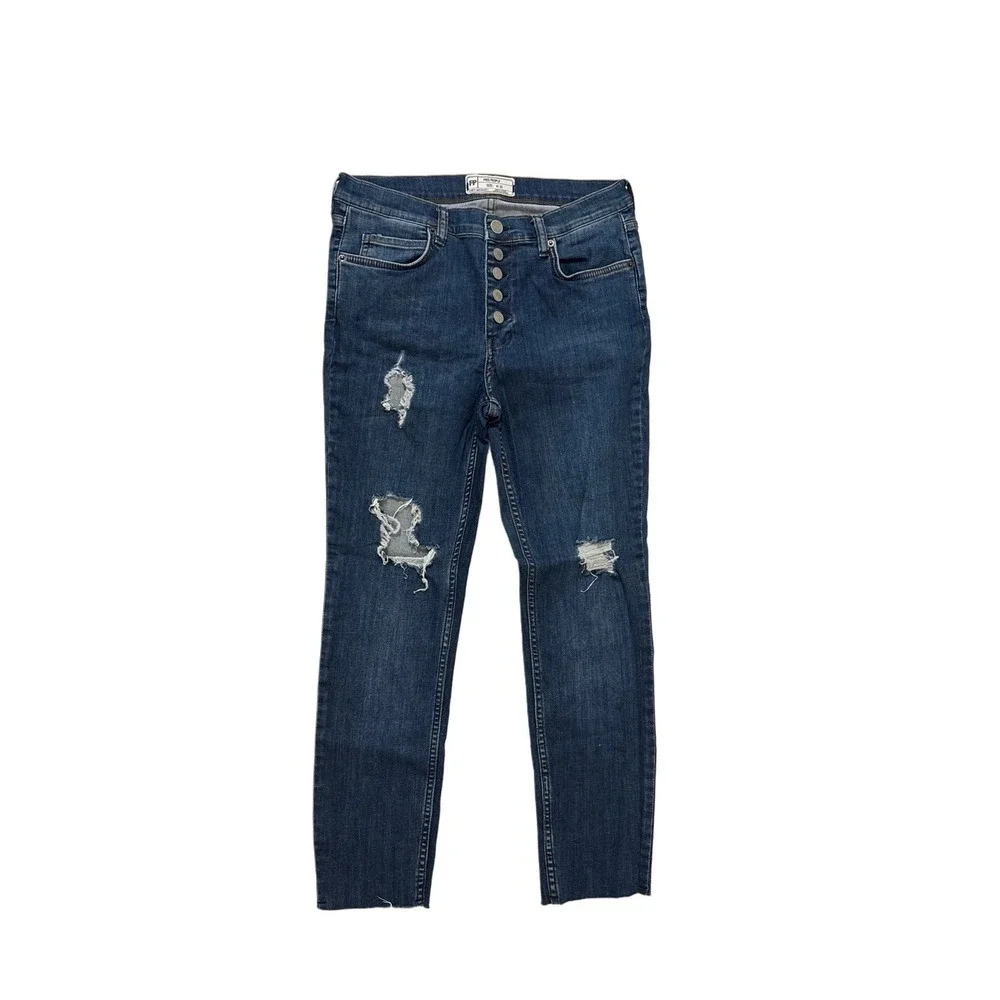Free People Distressed Button Fly Blue Denim Skinny Jeans Medium Wash 5-Pocket‎